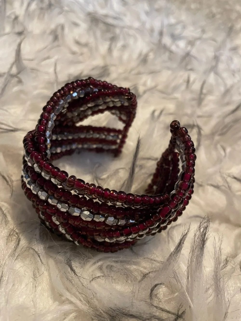 NWOT Braided Beaded Bracelet Burgundy Silver Black Red